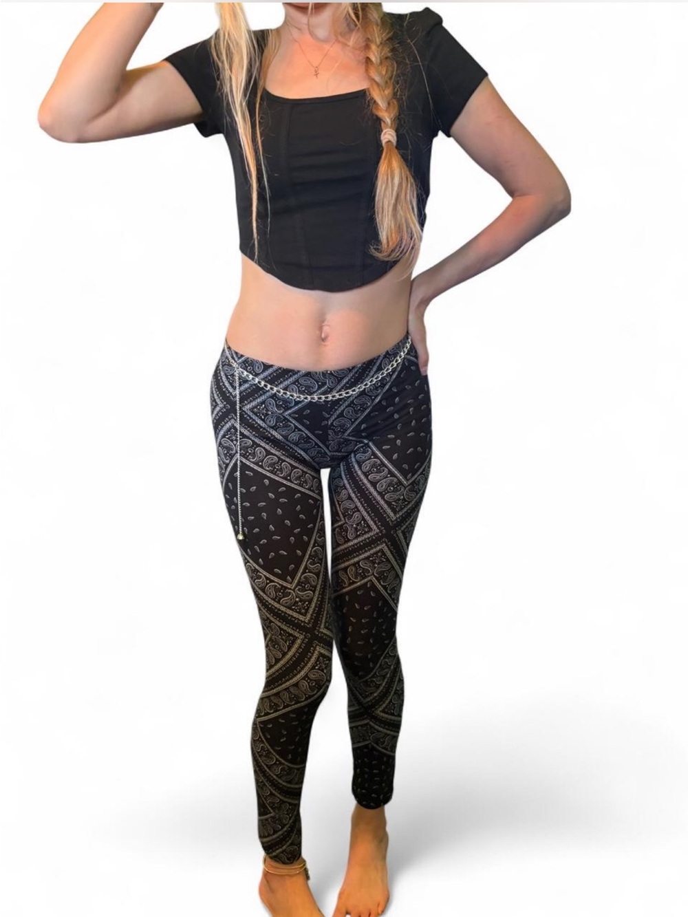 Boho Y2K legging pants black & white western paisley printed Handkerchief style
